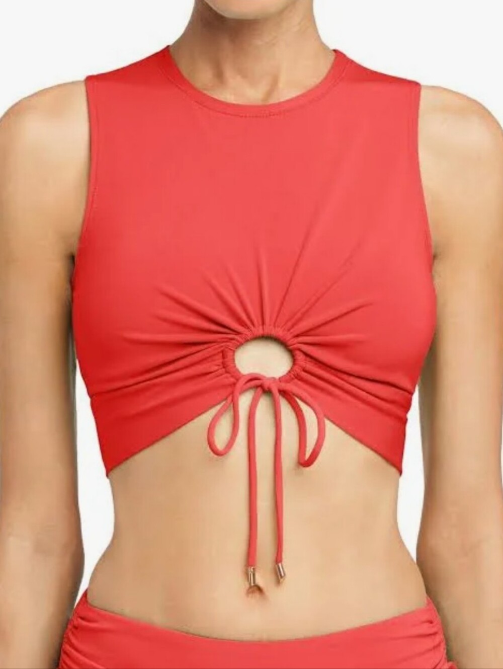 Robin Piccone Coral Drawstring Ring Front Crop Tank